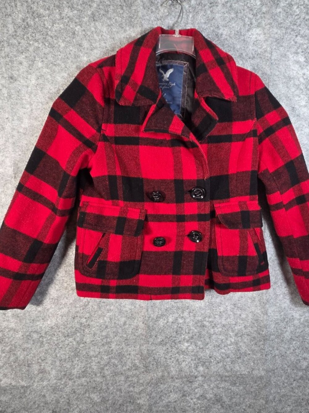 American Eagle Plaid Peacoat Red Black Buffalo Check Jacket L - Picture 2 of 9